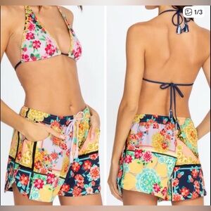 Johnny Was Japer Board Shorts patchwork print tassel tie sz Large